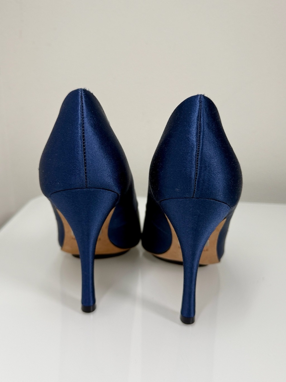 Badgley Mischka Navy Blue Satin Crystal Embellished Peep Toe Pump Heels Size 6.5 - Picture 6 of 9